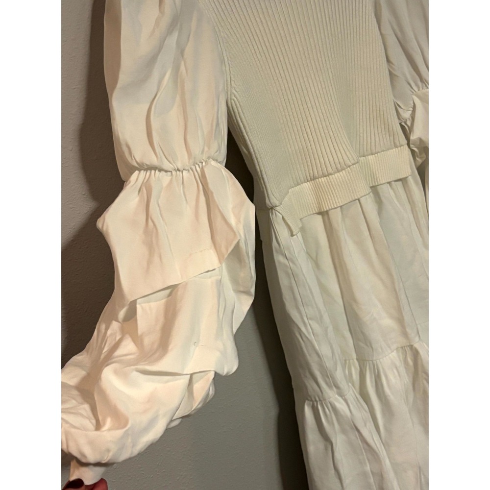 English Factory Mixed Media Mini Dress Womens XS White Knit Bodice Puff Sleeve - Picture 3 of 11